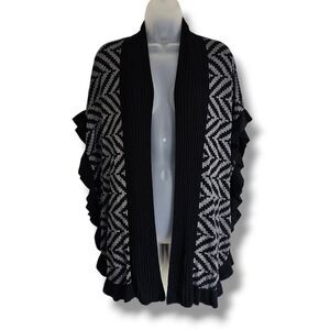 Joseph A. Cardigan Sweater Size S Open Front Ruffle Black White Chevron